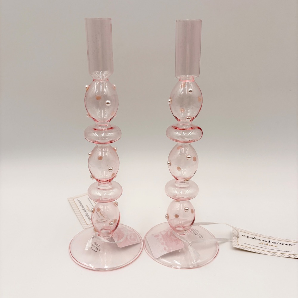 Cupcakes and Cashmere Pink Glass Pearl Bubble Taper Candle Holders Set of 2 NWT